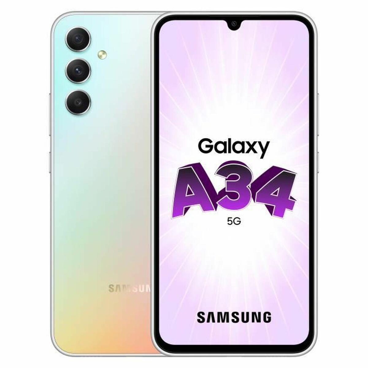Samsung | Galaxy | A34 A346 | Nuostabus Sidabrinis | 6,6" | Super AMOLED | 1080 x 2340 pikselių | Mediatek | Matmenys 1080 (6 nm) | Vidinė RAM 6 GB | 128 GB | Micro SDXC | Dvi SIM kortelės | Nano-SIM | 4G | 5G | Pagrindinė kamera 48+8+5 MP |. Antrinė kamera 13 MP |
