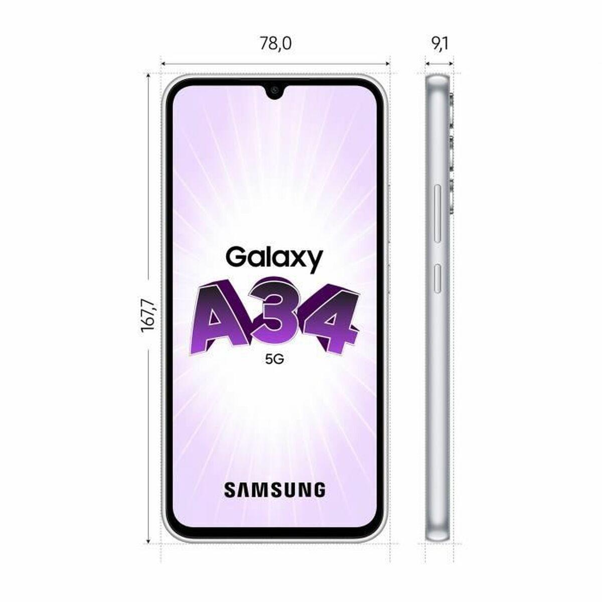 Samsung | Galaxy | A34 A346 | Nuostabus Sidabrinis | 6,6" | Super AMOLED | 1080 x 2340 pikselių | Mediatek | Matmenys 1080 (6 nm) | Vidinė RAM 6 GB | 128 GB | Micro SDXC | Dvi SIM kortelės | Nano-SIM | 4G | 5G | Pagrindinė kamera 48+8+5 MP |. Antrinė kamera 13 MP |
