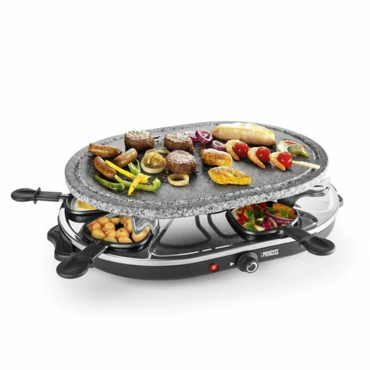 Princess 162720 „Raclette 8“ ovalo formos akmeninė kepsninė vakarėliams, 8 asmuo(-ys), juoda, ovalo formos, akmens, 430 x 300 mm, besisukanti