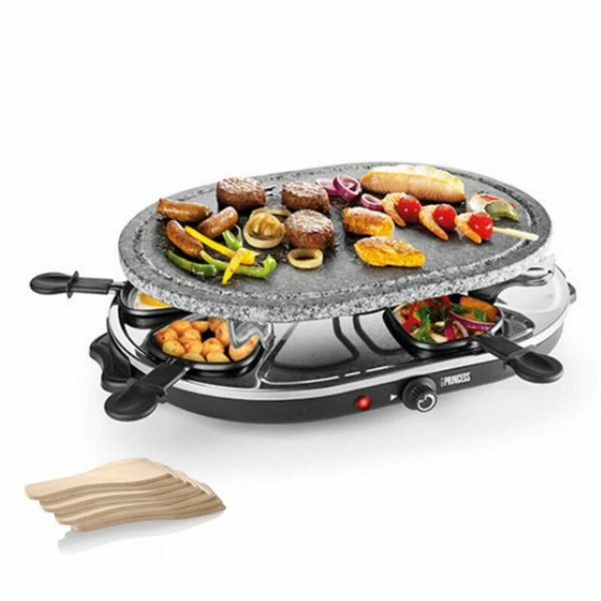 Princess 162720 „Raclette 8“ ovalo formos akmeninė kepsninė vakarėliams, 8 asmuo(-ys), juoda, ovalo formos, akmens, 430 x 300 mm, besisukanti