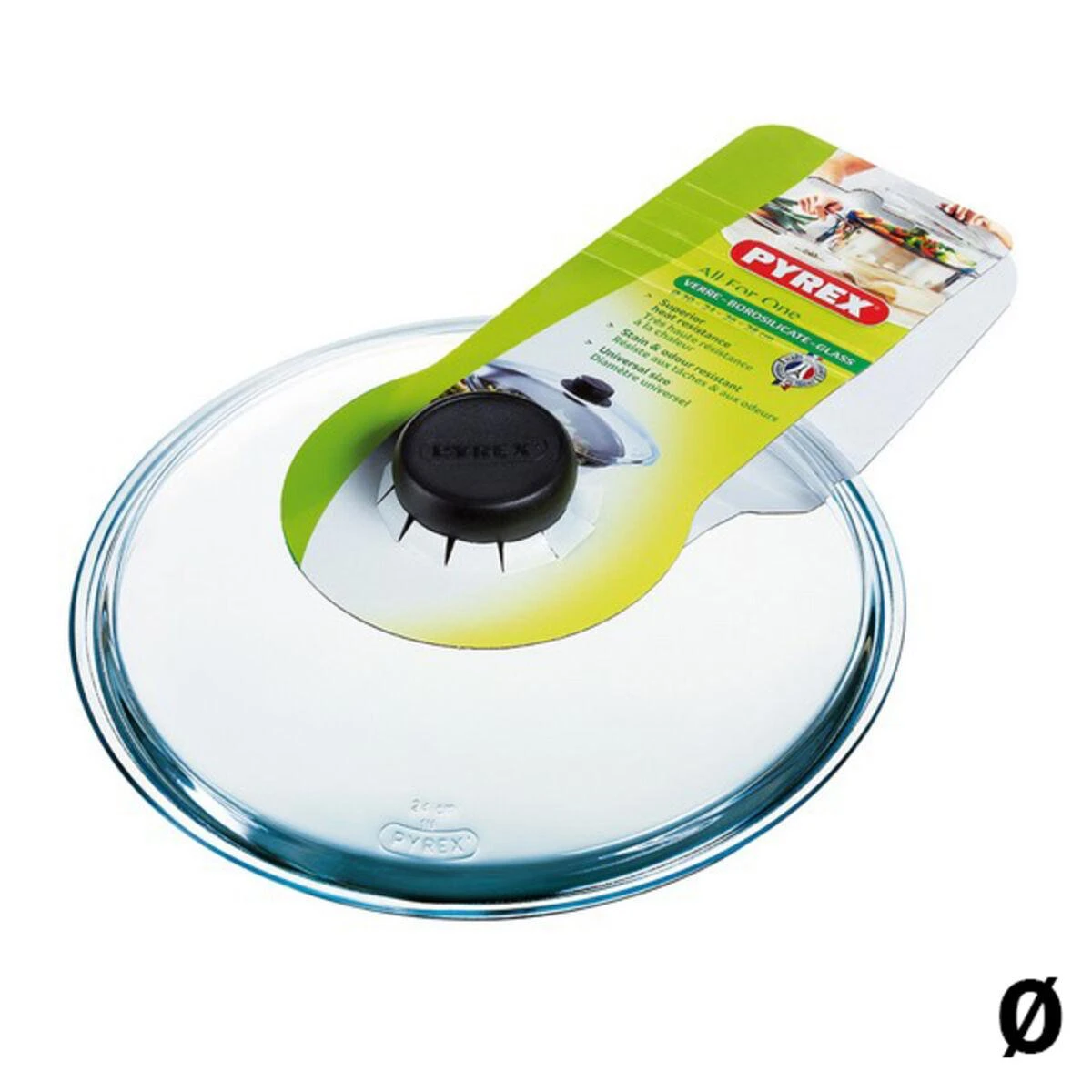 Stiklinis 24 cm dangtis su etikete