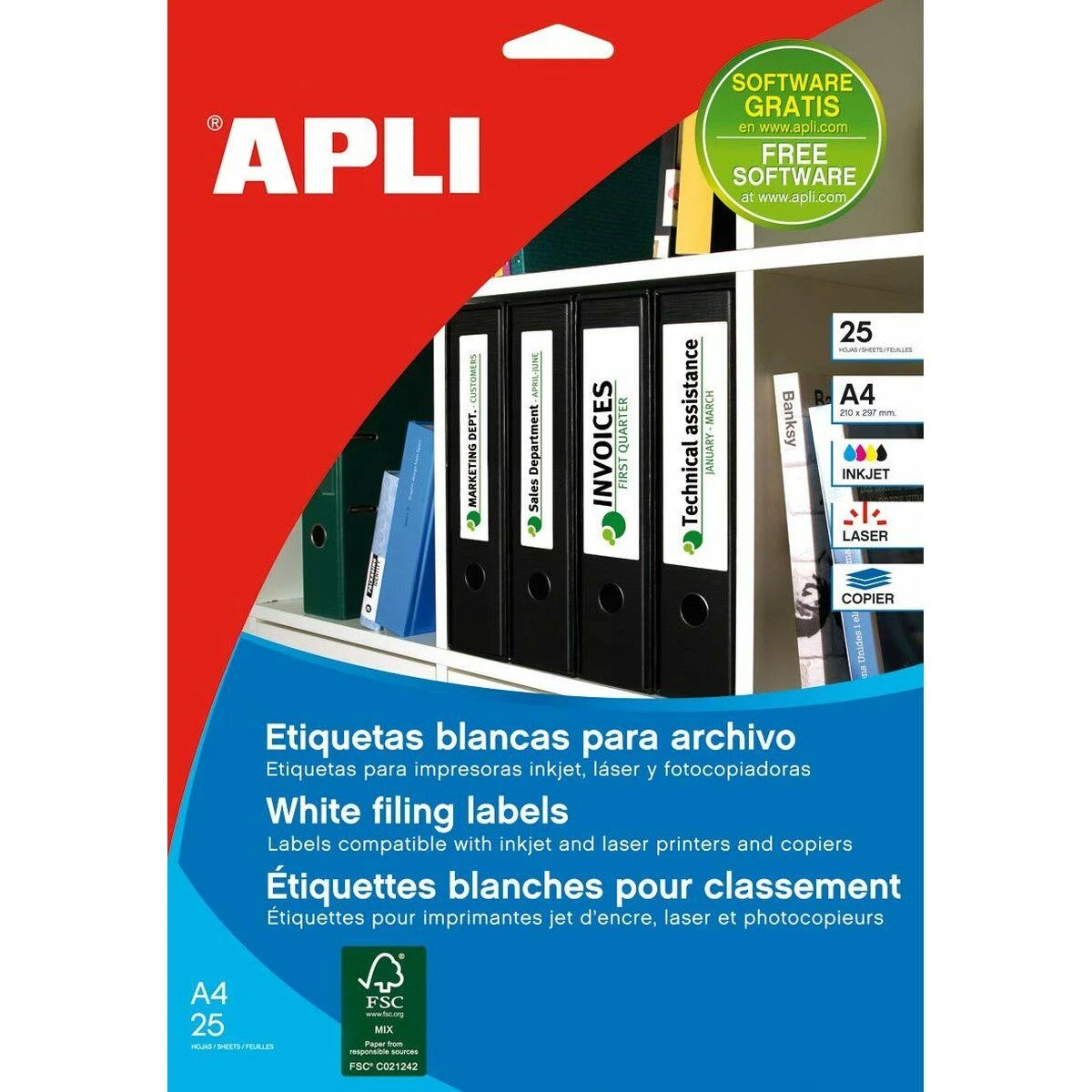 Lipnios etiketės Apli 1233, A4, 190x38mm, 25 lapai, baltos spalvos