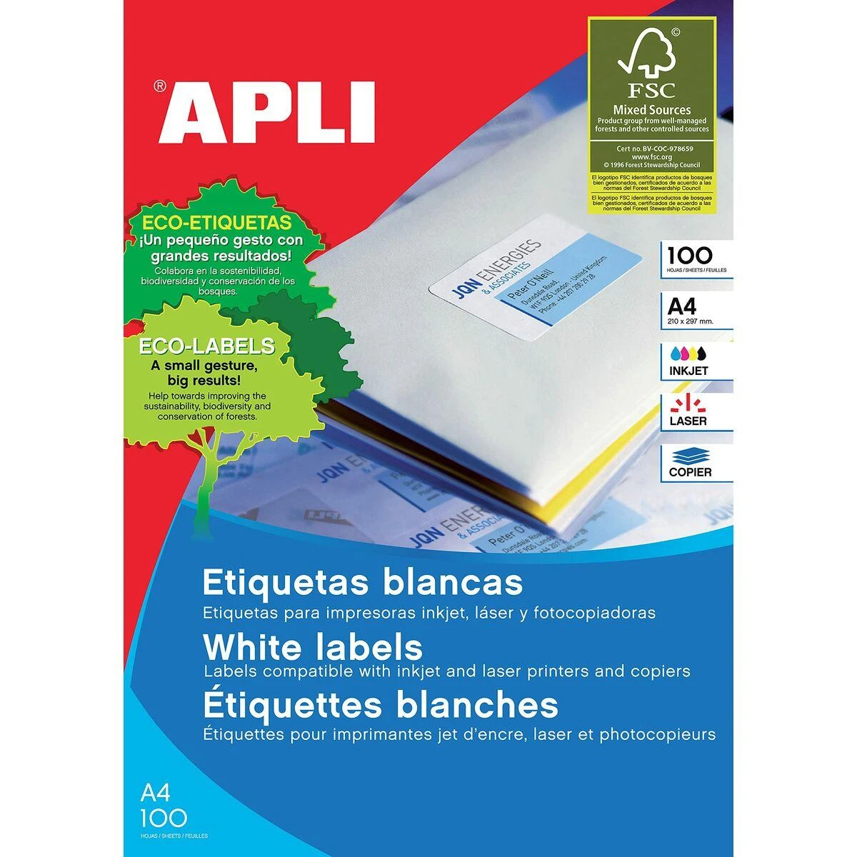 Lipnios etiketės Apli, A4, 210x148mm, 2 etiketės lape, 100 lapų, baltos spalvos