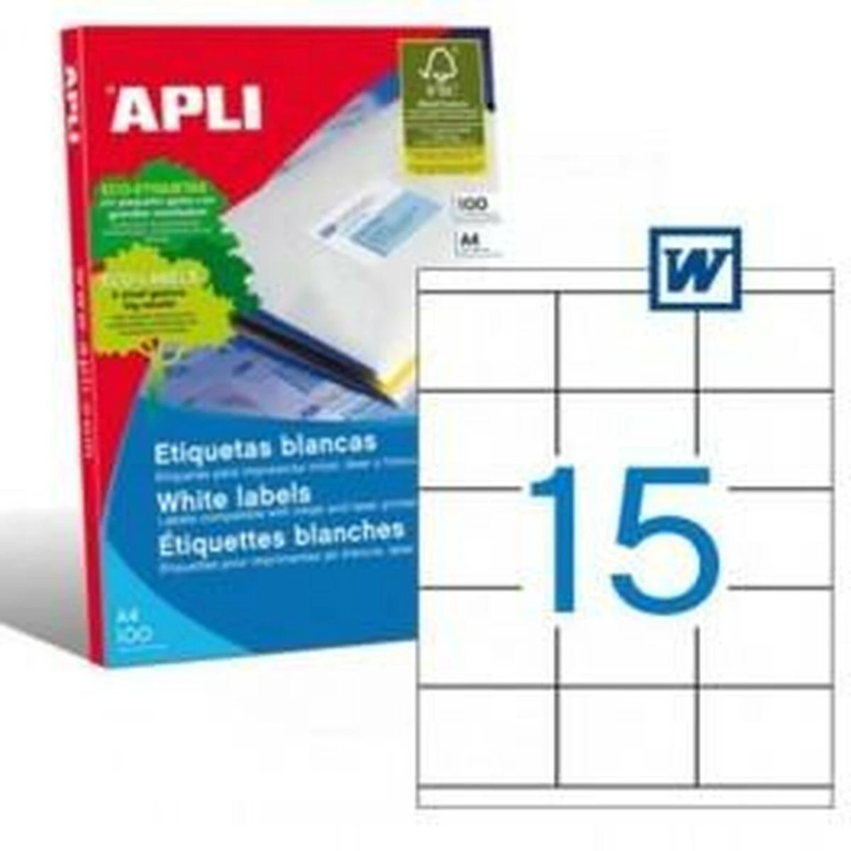 Lipnios etiketės Apli, A4, 70×50.8mm, 15 etikečių lape, 100 lapų, baltos spalvos
