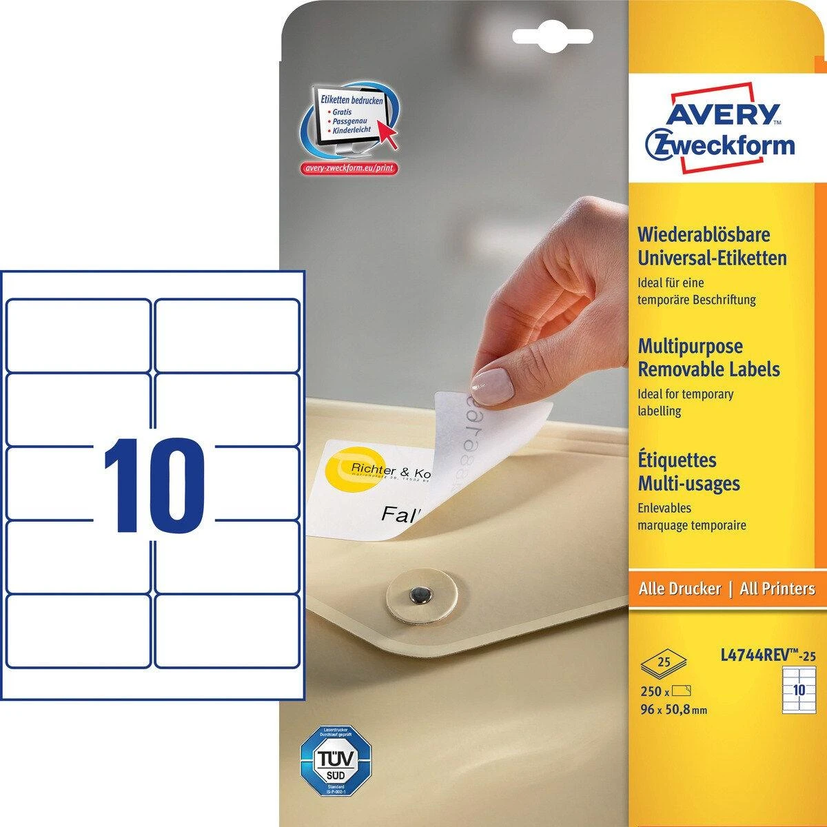 Avery Zweckform L4744REV-25 - Baltas - Stačiakampis - Nuimamas - Baltas ant skaidraus - DIN A4 - Universalus
