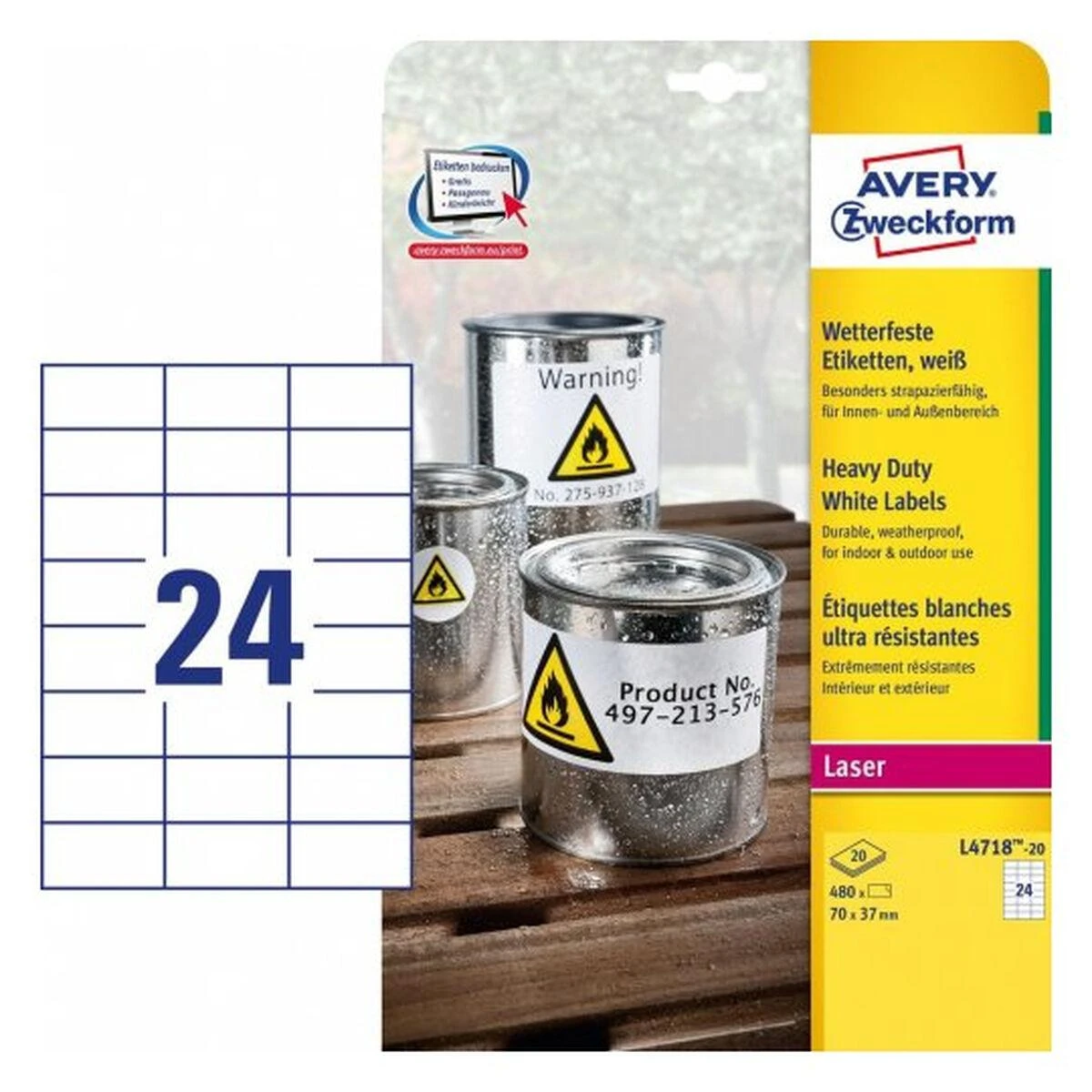 Avery Zweckform ETIKETĖS ZF L4718-20 HEAVY DUTY 70X37MM, 20 LAPŲ