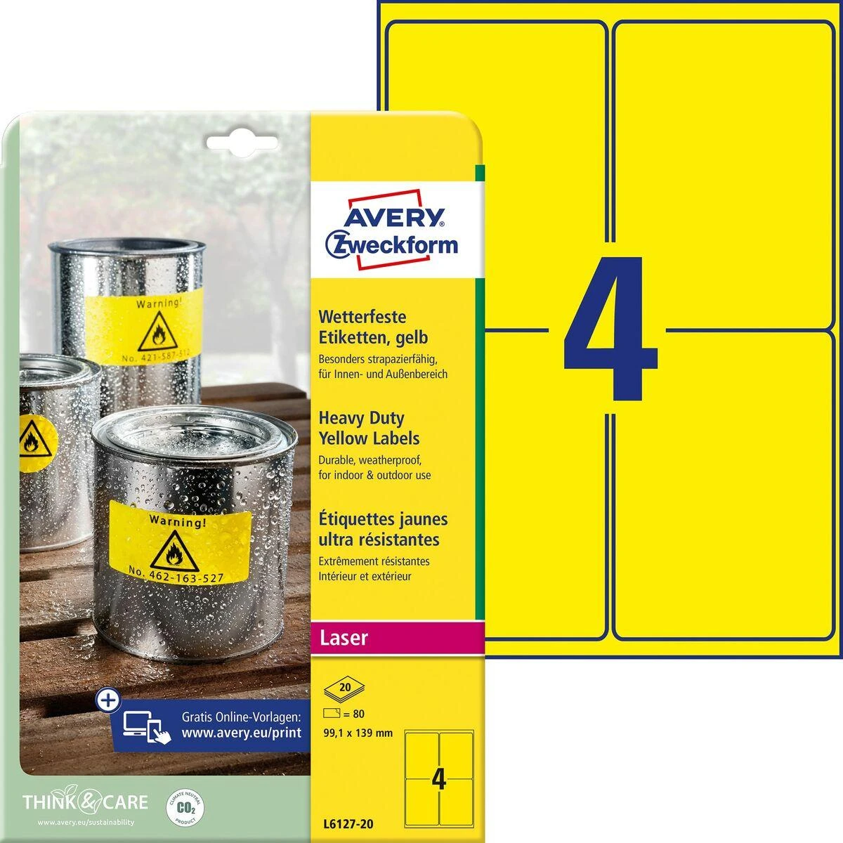 Avery Zweckform ETIKETĖS. ZF 6127 99,1X139 A4 Geltona 20 ARK. ETIKETĖ - L6127-20