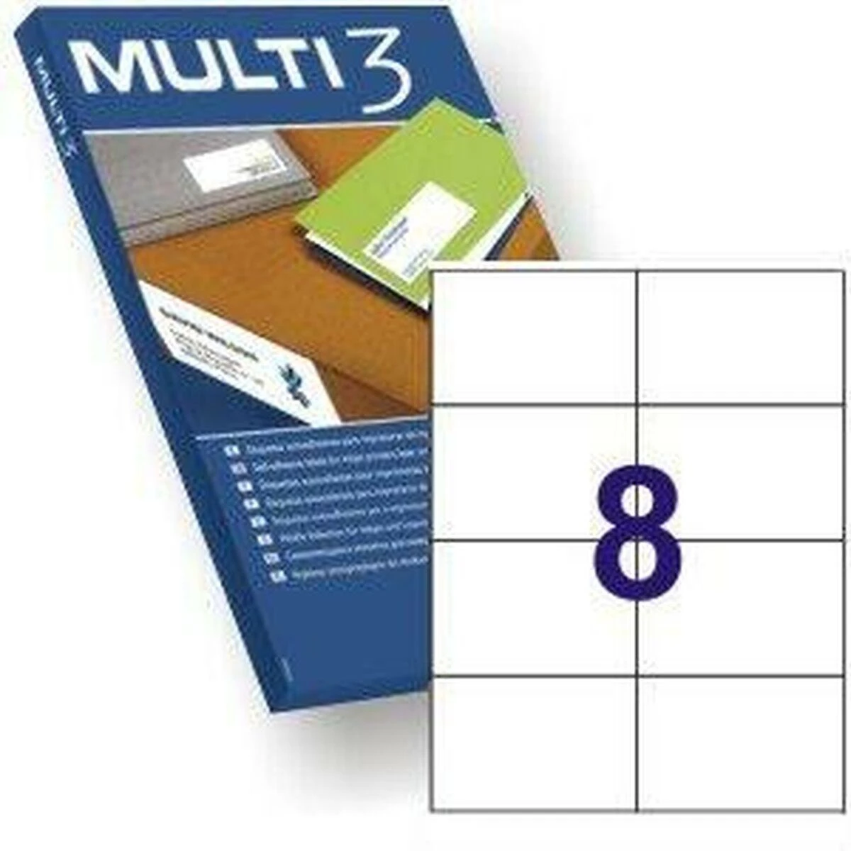 Lipnios etiketės Multi3, A4, 105x74mm, 8 etiketės lape, 100 lapų, baltos spalvos