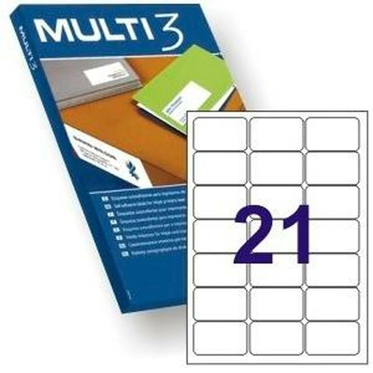 Lipnios etiketės Multi3, A4, 63.5x38.1mm, 21 etiketė lape, 100 lapų, baltos spalvos