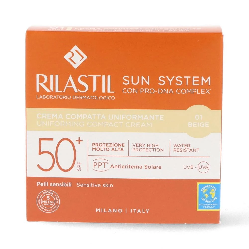 kreminis makiažo pagrindas su apsauga nuo saulės Rilastil Sun System Uniform Compact Kreminis Spf50+ atspalvis 01 rusvai gelsvas 10g