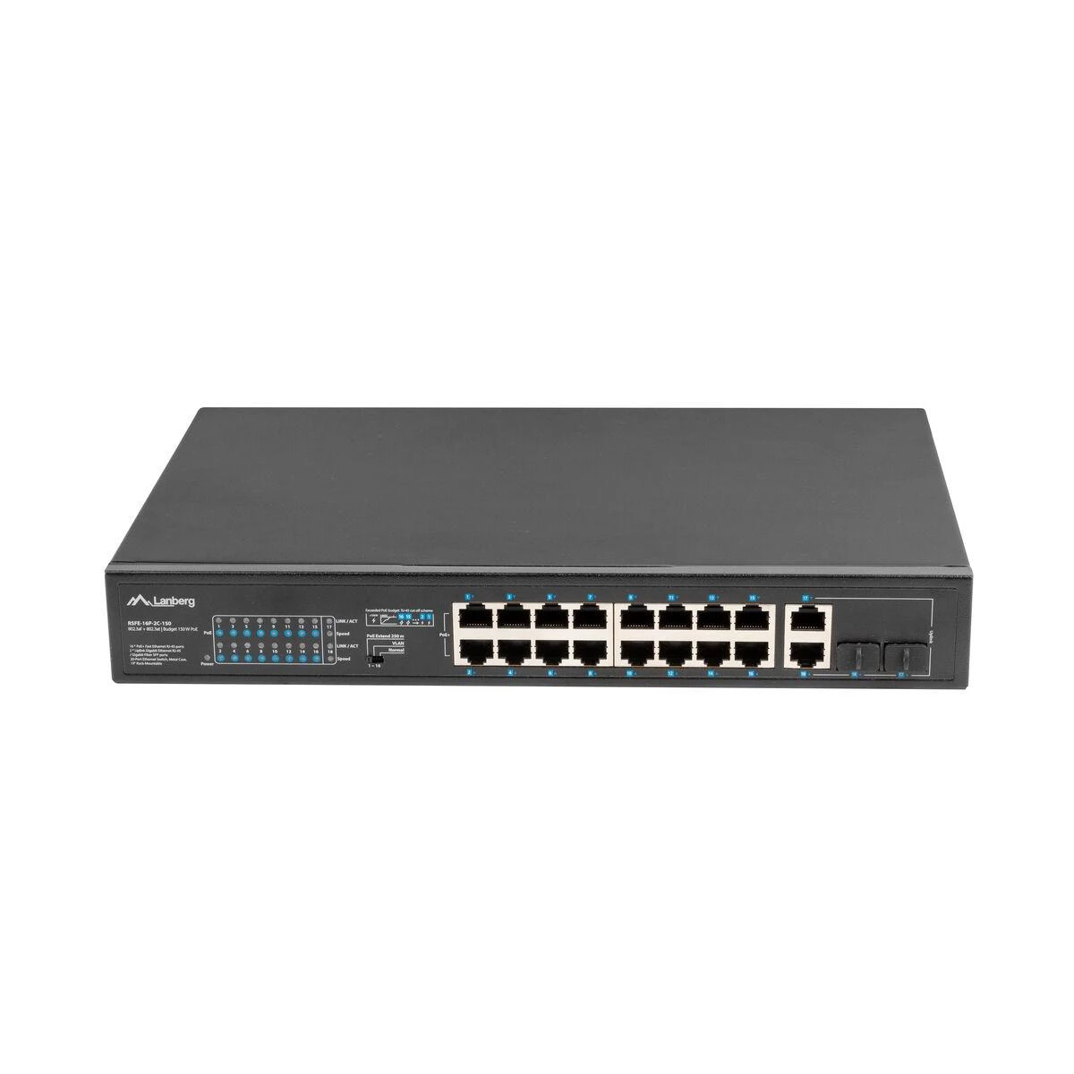 Šakotuvas LANBERG RSFE-16P-2C-150 jungiklis 16x 100Mb PoE+/2x Combo Gigabit 150W nevaldomas