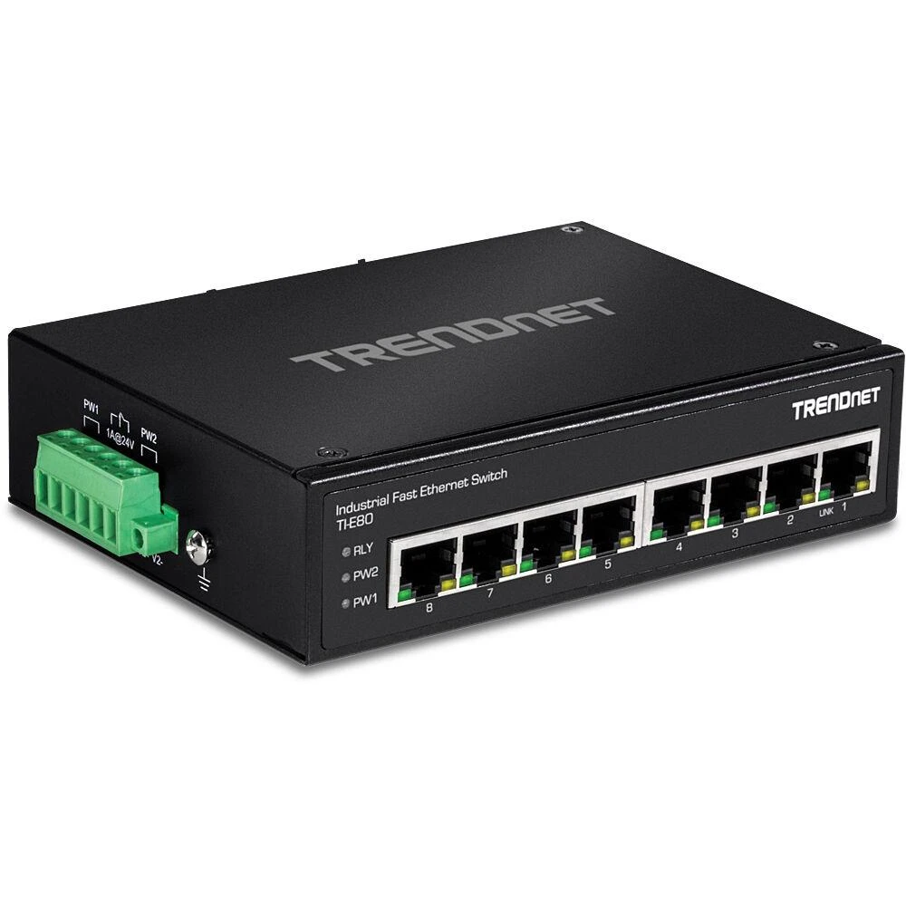 Šakotuvas TRENDnet pramoninis komutatorius, 8 prievadų greitas Ethernet L2, DIN bėgelis