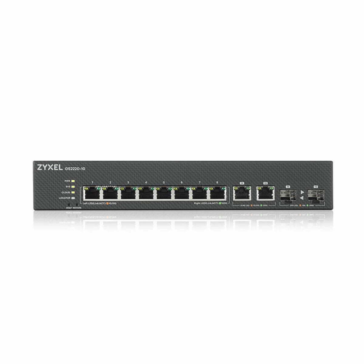Šakotuvas ZYXEL GS2220-10, ES REGIONAS, 8 PRIEVADŲ GBE L2 KOMUTATORIUS SU GBE UPLINK (1 METŲ NCC PRO PACK LICENCIJA) (5 METŲ GARANTIJA)