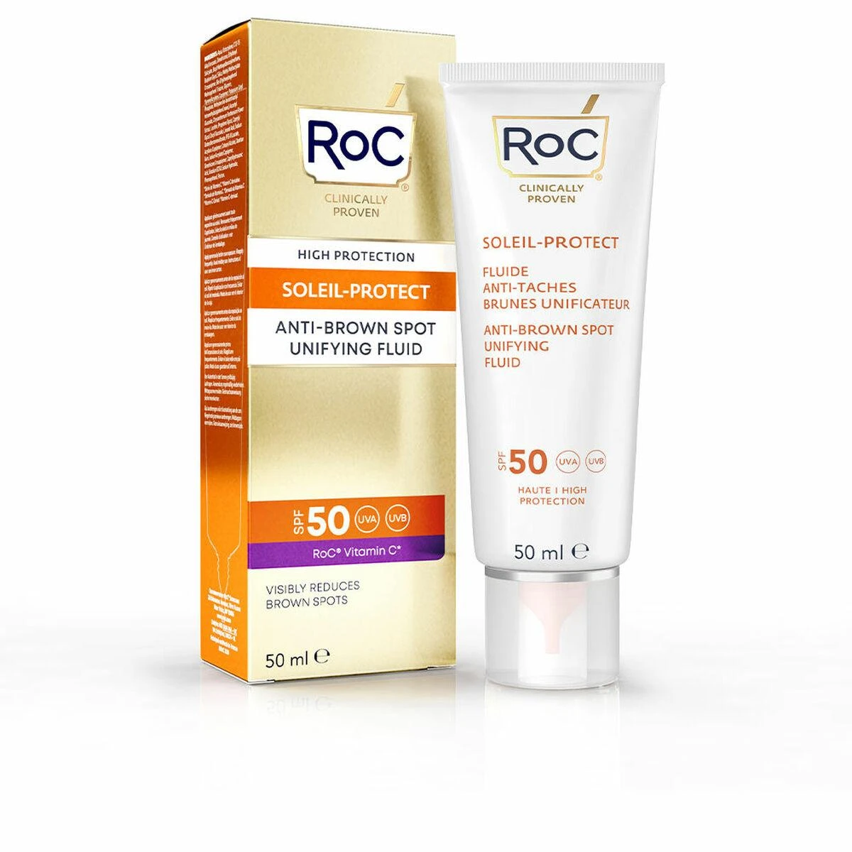 ROC Soleil-Protect Anti-Brown Spot Unifying Fluid SPF 50+ apsauginis fluidas veidui nuo pigmentinių dėmių, 50 ml