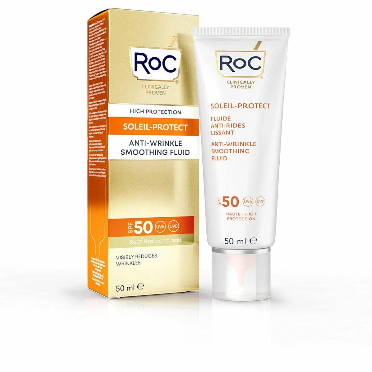 ROC Soleil-Protect Anti-Wrinkle Smoothing Fluid SPF 50+ apsauginis fluidas nuo saulės veidui mažinanti senėjimo požymius, 50 ml
