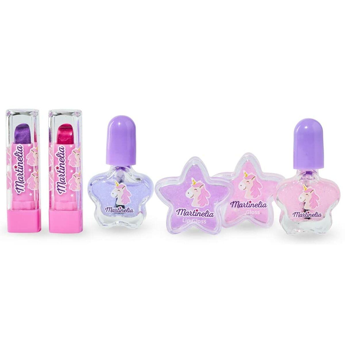 Aquarius MARTINELIA Little Unicorn rinkinys: nagų lakas- 2x 4,5 ml, 2x 2,5 g blizgantys lūpų balzamai ir 2x1,5 g lūpdažis.