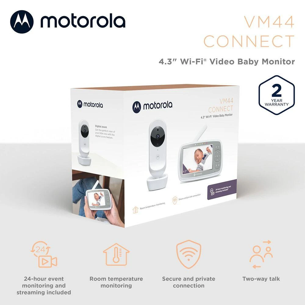 Kūdikio stebėjimo kamera Motorola VM44 4,3" HD, WIFI, Baltos/Pilkos spalvos