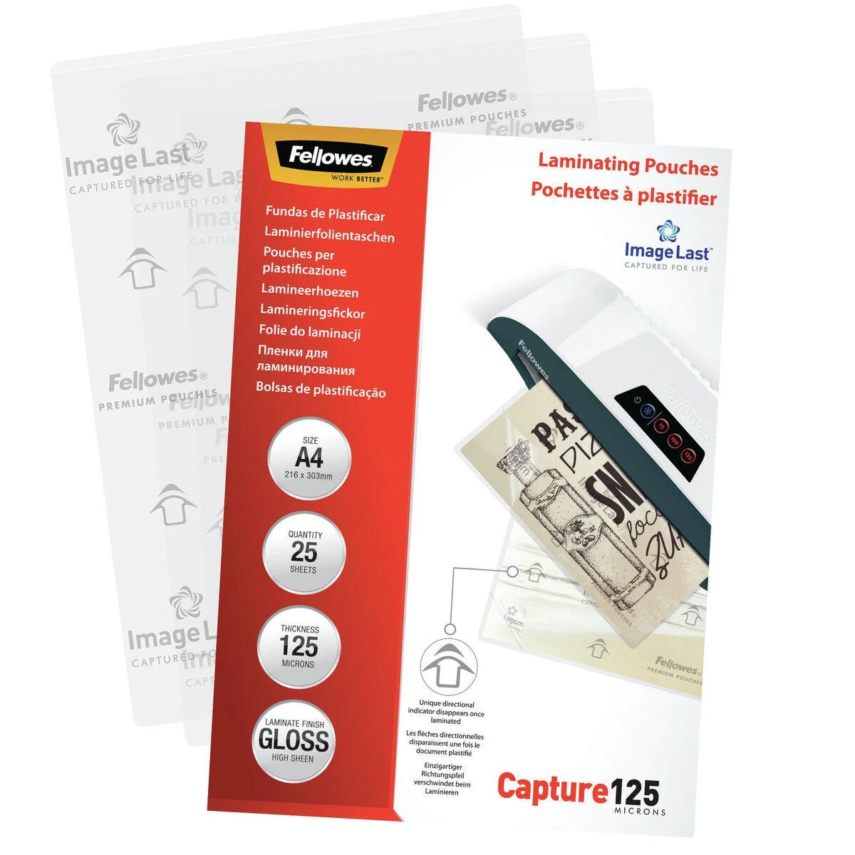 Fellowes | Laminavimo maišelis | A4 | Skaidrus | Storis: 125 mikronai, kiekis pakuotėje: 25 vnt.; Unikalus krypties rodyklės kokybės ženklas išnyksta laminavus.