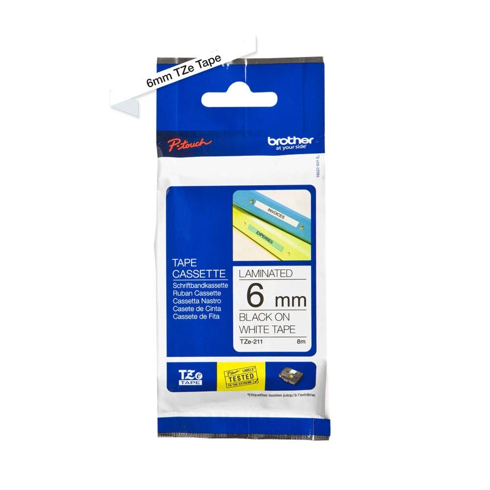 Brother | TZe-211 Laminated Tape | Juodas on Baltas | TZe | 8 m | 6 cm