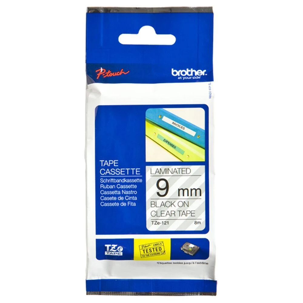 Brother Brolis | TZe-121 laminuota juosta | Juodas ant Clear | TZe | 8 m | 9 cm