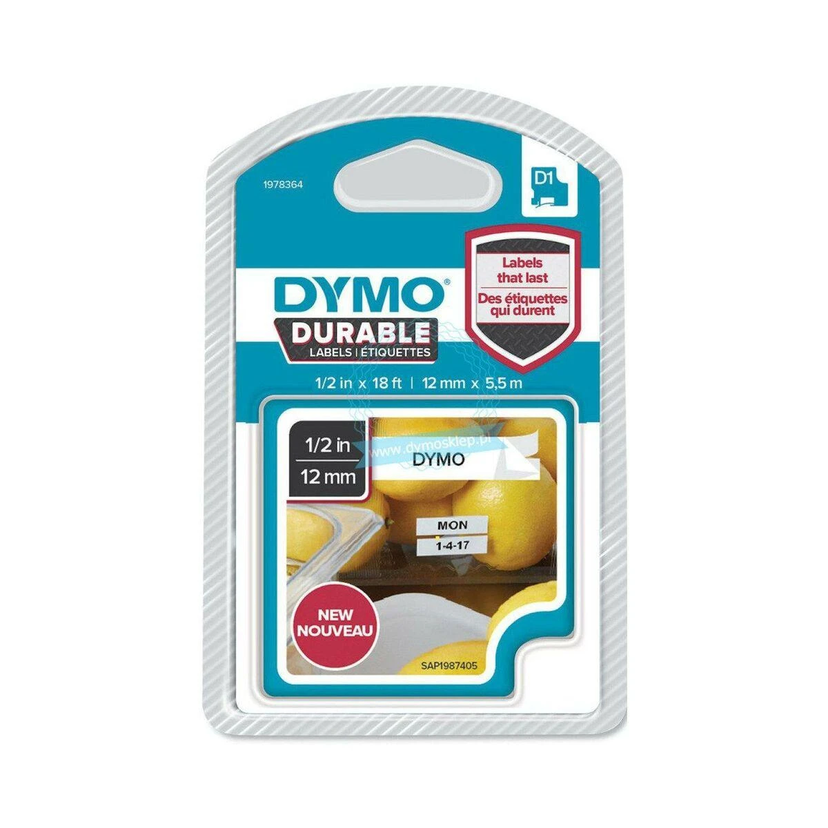 DYMO D1 Patvarus 12 mm x 5,5 M, Juodas ant Balto