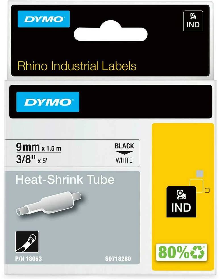 DYMO 18053 RHINO Termo vamzdelis 9mm x 1,5m (balta / juodas šifras)