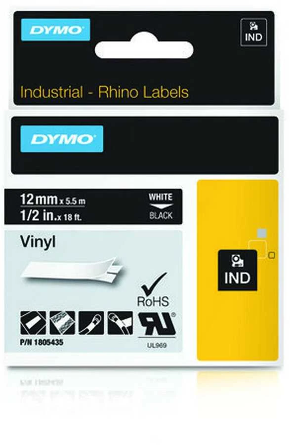 DYMO Rhino Professional, pastebima nuolatinė vinilo juosta, 12mm, baltas tekstas ant juodos juostos, 5,5m 1805435