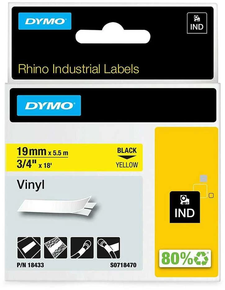 Juostelė DYMO Rhino 19mm x 5.5m, vinilinė, juoda ant geltono / S0718470 18433