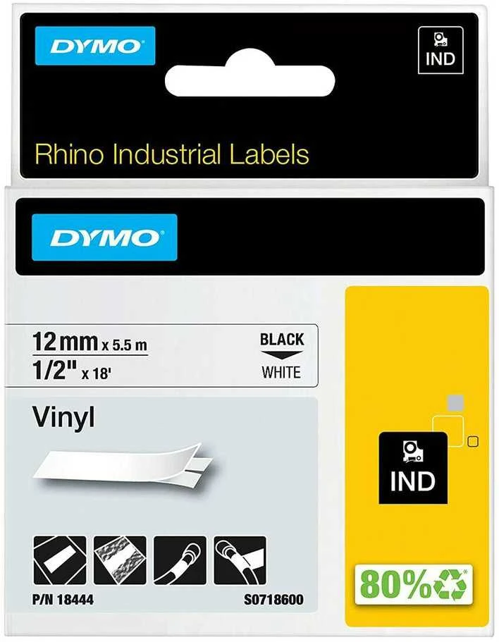 Juostelė DYMO Rhino 12mm x 5.5m, vinilinė, juoda ant balto / S0718600 18444