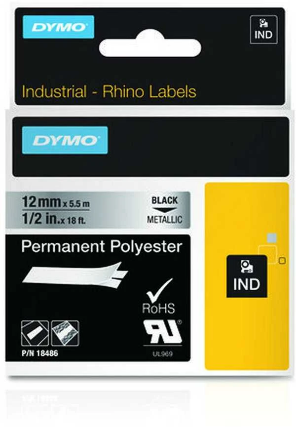 DYMO 18486 RHINO Poliesterio Juostelė 12mm x 5,5m (metalizuota / juodas šifras)