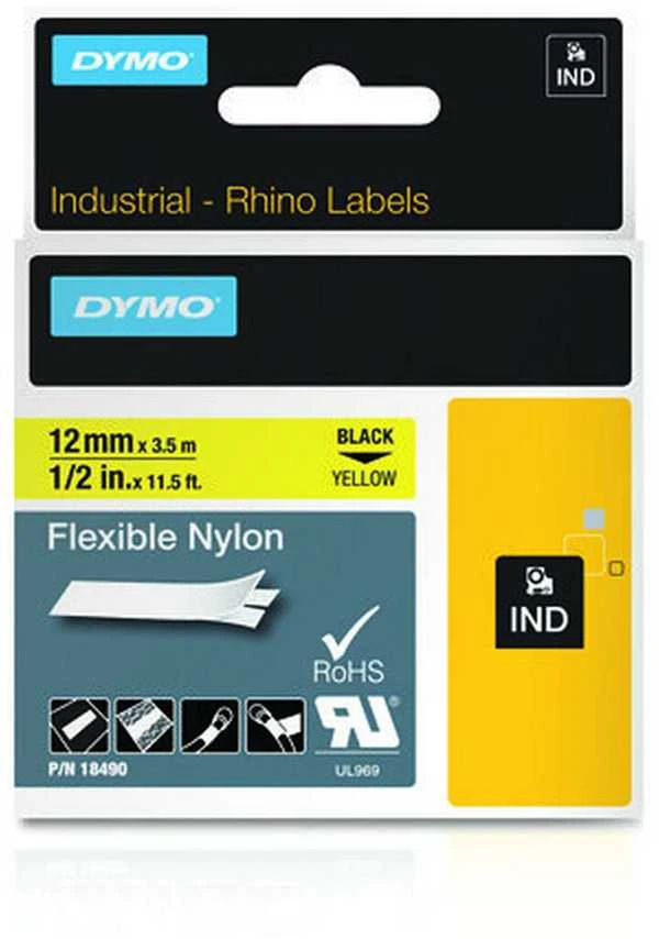 DYMO 18490 RHINO Nailono Juostelė 12mm x 3,5m (geltona / juodas šifras)