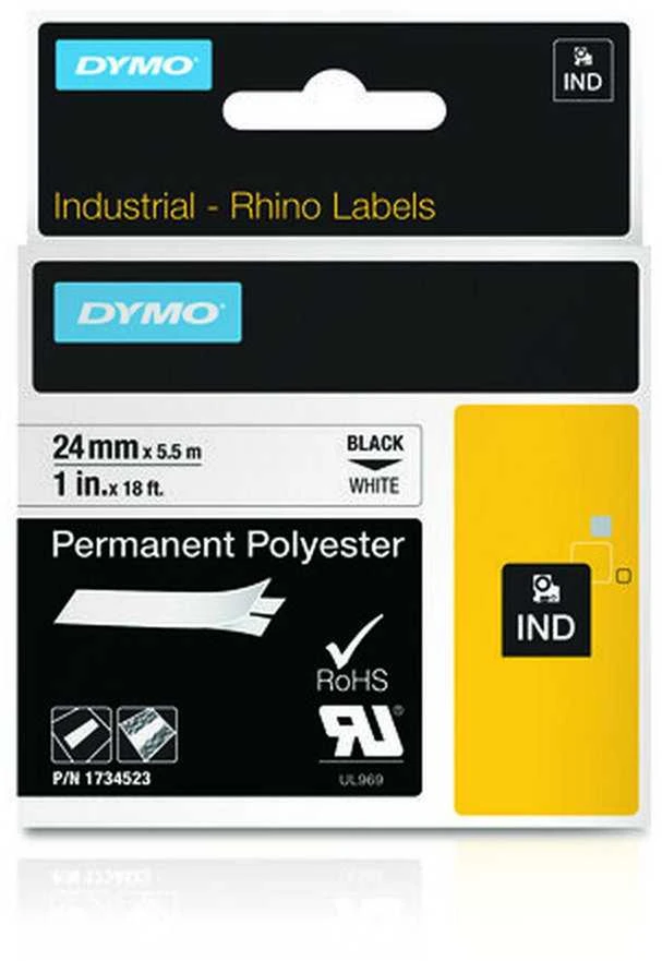 Rhino Professional, žymėjimo permanentinė poliesterio juosta, 24 mm, juodas tekstas ant baltos juostos, 5,5 m DYMO / 1734523