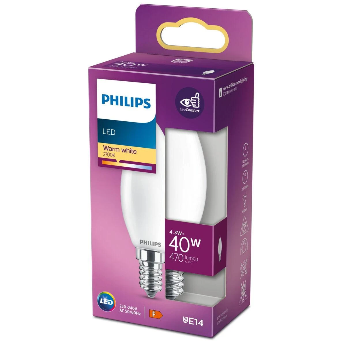 LED lemputė Philips B35, 4.3W, E14, 2700K, 470lm, matinė