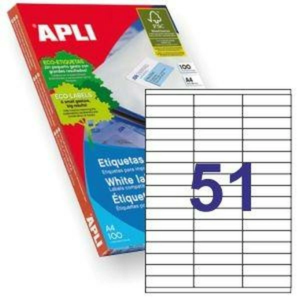 Lipnios etiketės Apli, A4, 70×16,9mm, 51 etiketė lape, 100 lapų, baltos spalvos