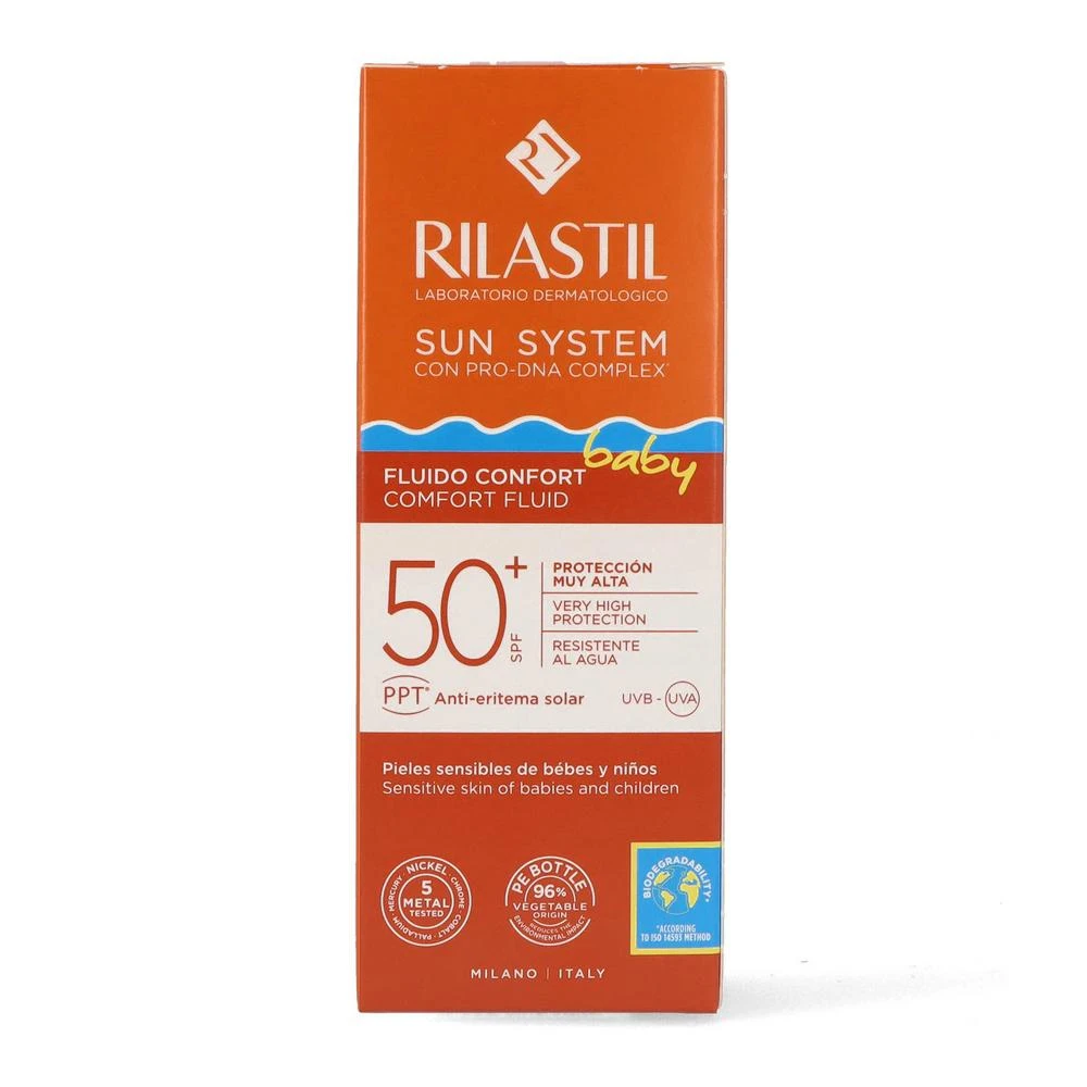 plonos tekstūros veido ir akių apsauginis kremas nuo saulės "Rilastil Sun System Baby Comfort Fluid Spf50+" 50ml