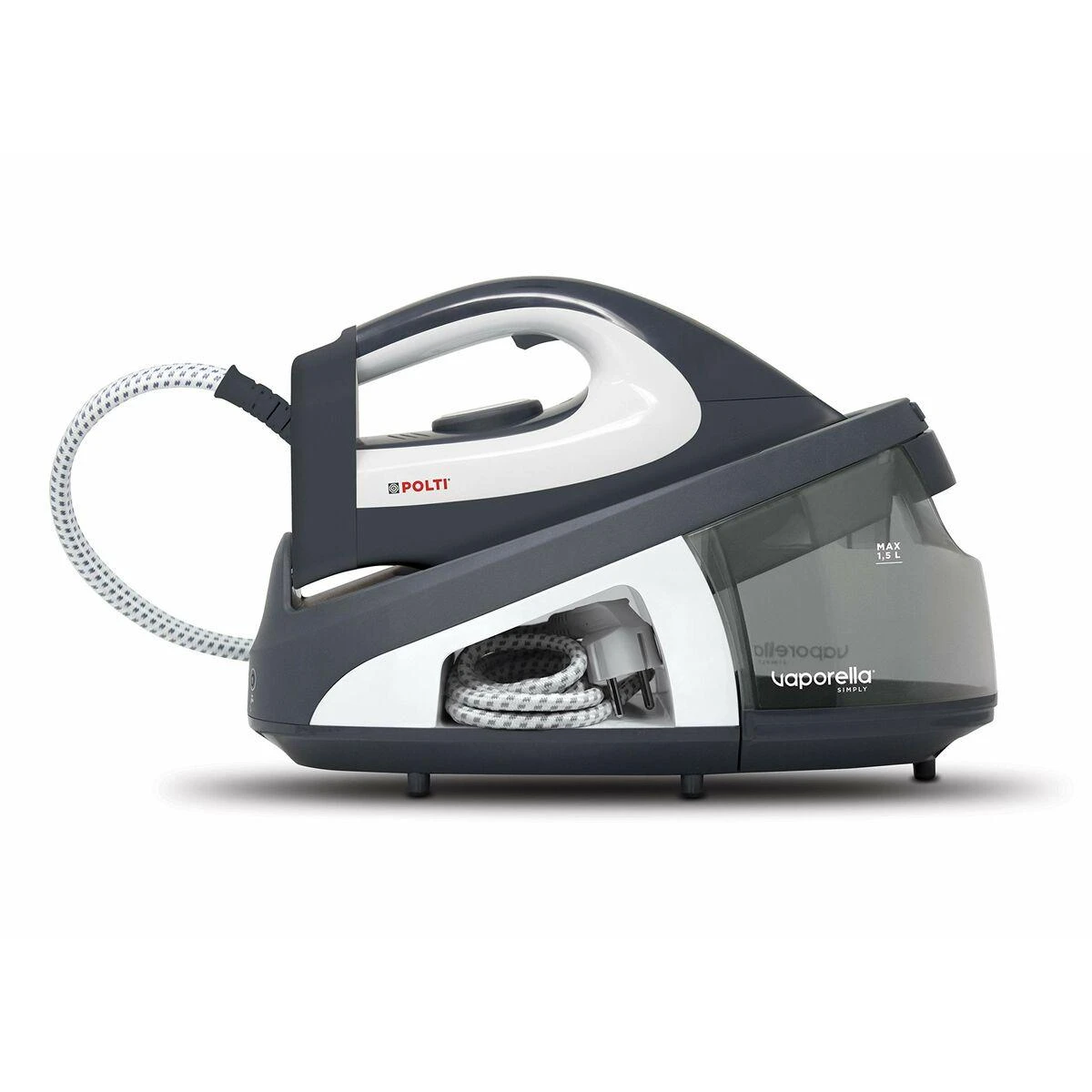 Polti | PLEU0239 Vaporella Simply VS10.12 | Steam generator iron | 1.5 L | bar | 2200 W | Vanduo tank capacity ml | Calc-clean function | Pilkas/Baltas | Auto power off | Vertical steam function