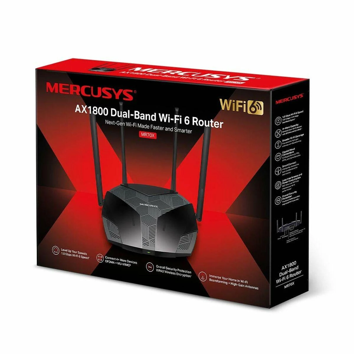 TP-Link Mercusys | AX1800 Dual-Band WiFi 6 Maršrutizatorius | MR70X | 802.11ax | 1201+574 Mbit/s | 10/100/1000 Mbit/s | Ethernet LAN (RJ-45) jungtys 3 | Tinklelio atramos Nr. | MU-MiMO Taip | Nėra mobiliojo plačiajuosčio ryšio | Antenos tipas 4xFiksuota