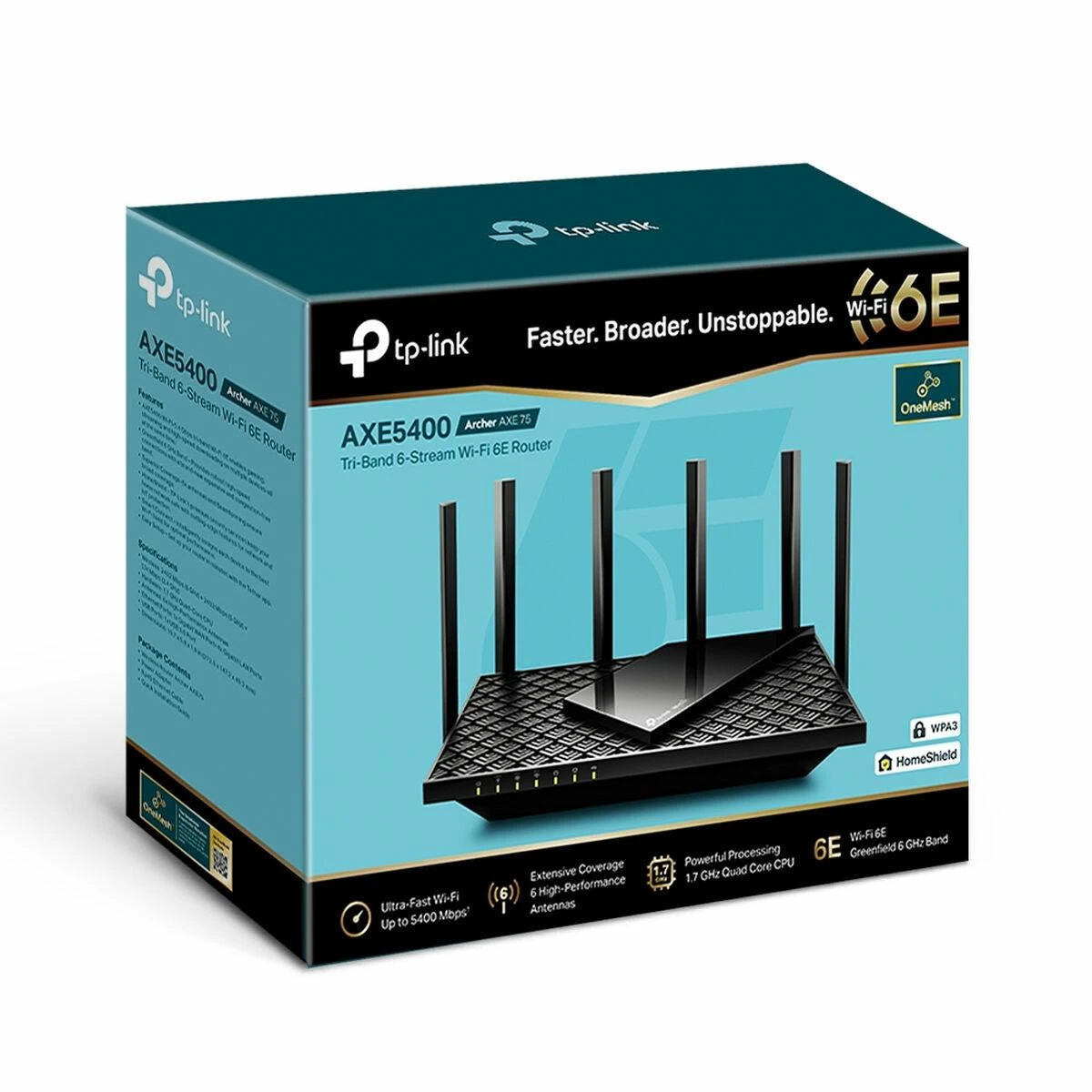 TP-LINK | AXE5400 trijų dažnių gigabito „Wi-Fi 6E“ maršrutizatorius | Archer AXE75 | 802.11ax | 10/100/1000 Mbit/s | Ethernet LAN (RJ-45) jungtys 4 | Mesh palaikymas: Taip | MU-MiMO: Ne | Ne, mobilusis plačiajuostis ryšys: Ne | Antenos tipas: Išorinė | 1
