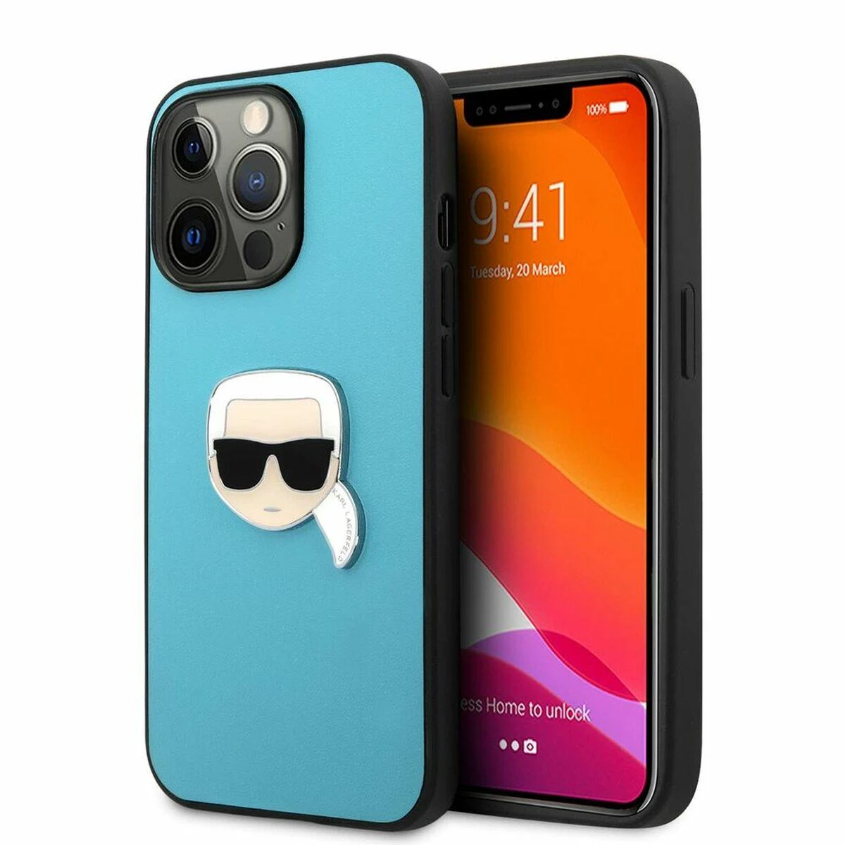 Karl Lagerfeld KLHCP13XPKMB iPhone 13 Pro Max 6,7" mėlyna/mėlynas kietas dėklas Oda Ikonik Karl's Head Metal