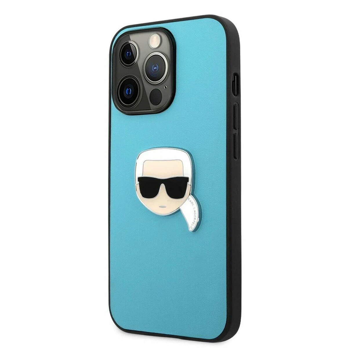 Karl Lagerfeld KLHCP13XPKMB iPhone 13 Pro Max 6,7" mėlyna/mėlynas kietas dėklas Oda Ikonik Karl's Head Metal
