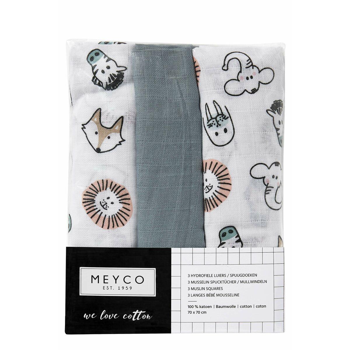 Meyco Baby marliniai muslino vystyklai Animal Multicolour, 70×70 cm, 3 vnt.