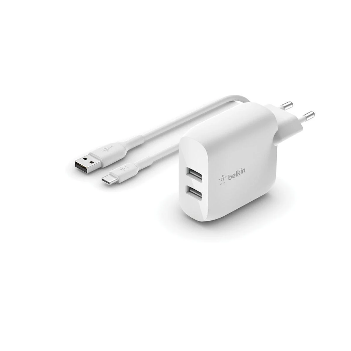 Įkroviklis Belkin Boost Charge 24W 2xUSB-A + USB-A to USB-C cable 1.0m baltas