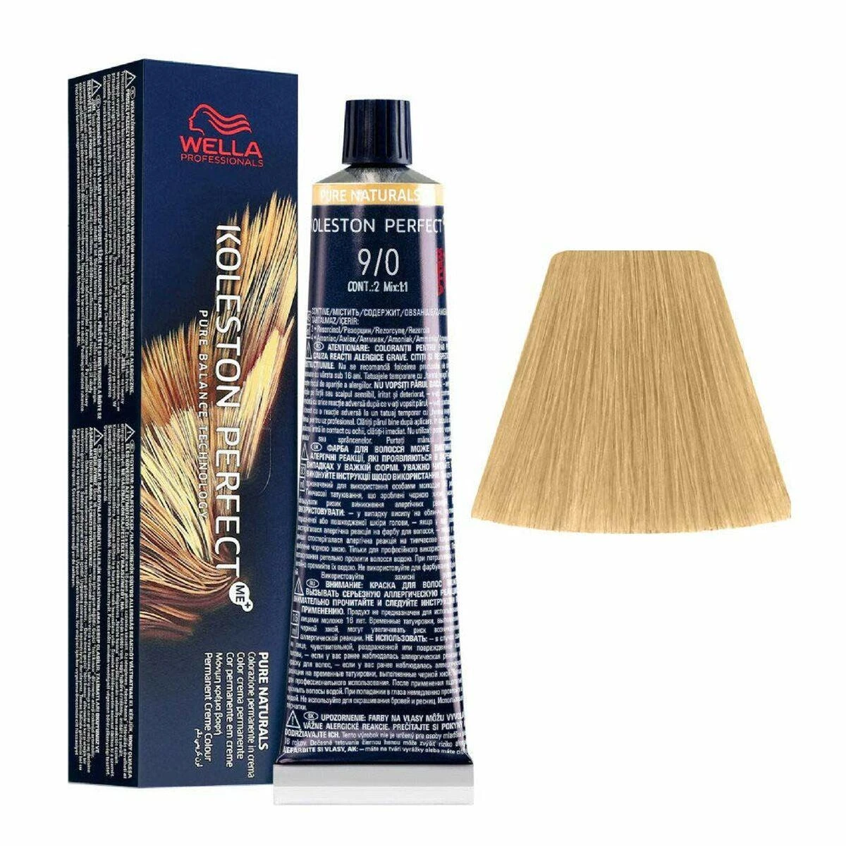 Wella Koleston 9/0 dažai su pakuote ir spalvos pavyzdžiu