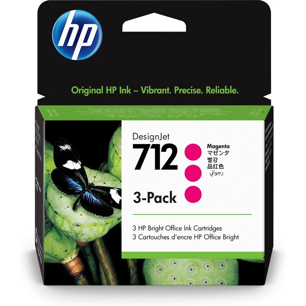 Hewlett Packard (HP) HP 712 rausvos spalvos 3 rašalo kasečių pakuotė, 29 ml, skirtos „DesignJet Studio“, T210, T230, T250, T630, T650