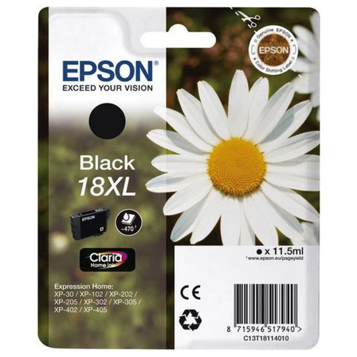 EPSON 18XL rašalo kasetė juodas didelės talpos 11,5ml 470 puslapių 1 pakuotės lizdinė plokštelė be signalizacijos