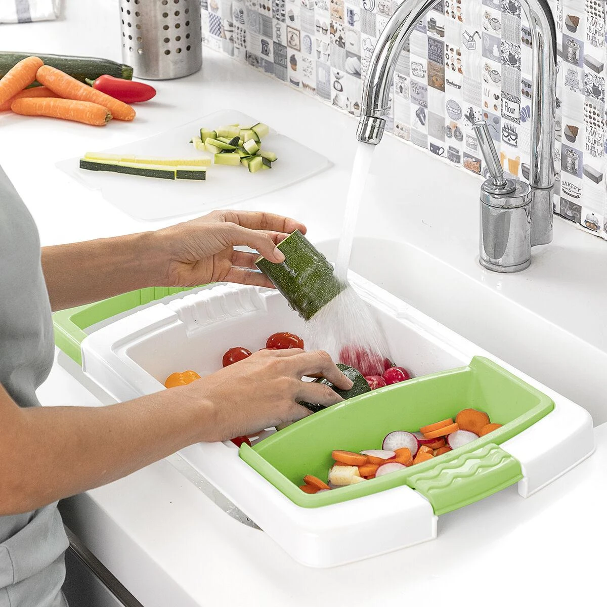 Pailginama pjovimo lenta trys viename su padėklu, indu ir nusausintuvu PractiCut InnovaGoods
