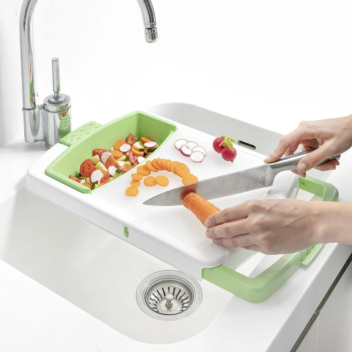 Pailginama pjovimo lenta trys viename su padėklu, indu ir nusausintuvu PractiCut InnovaGoods
