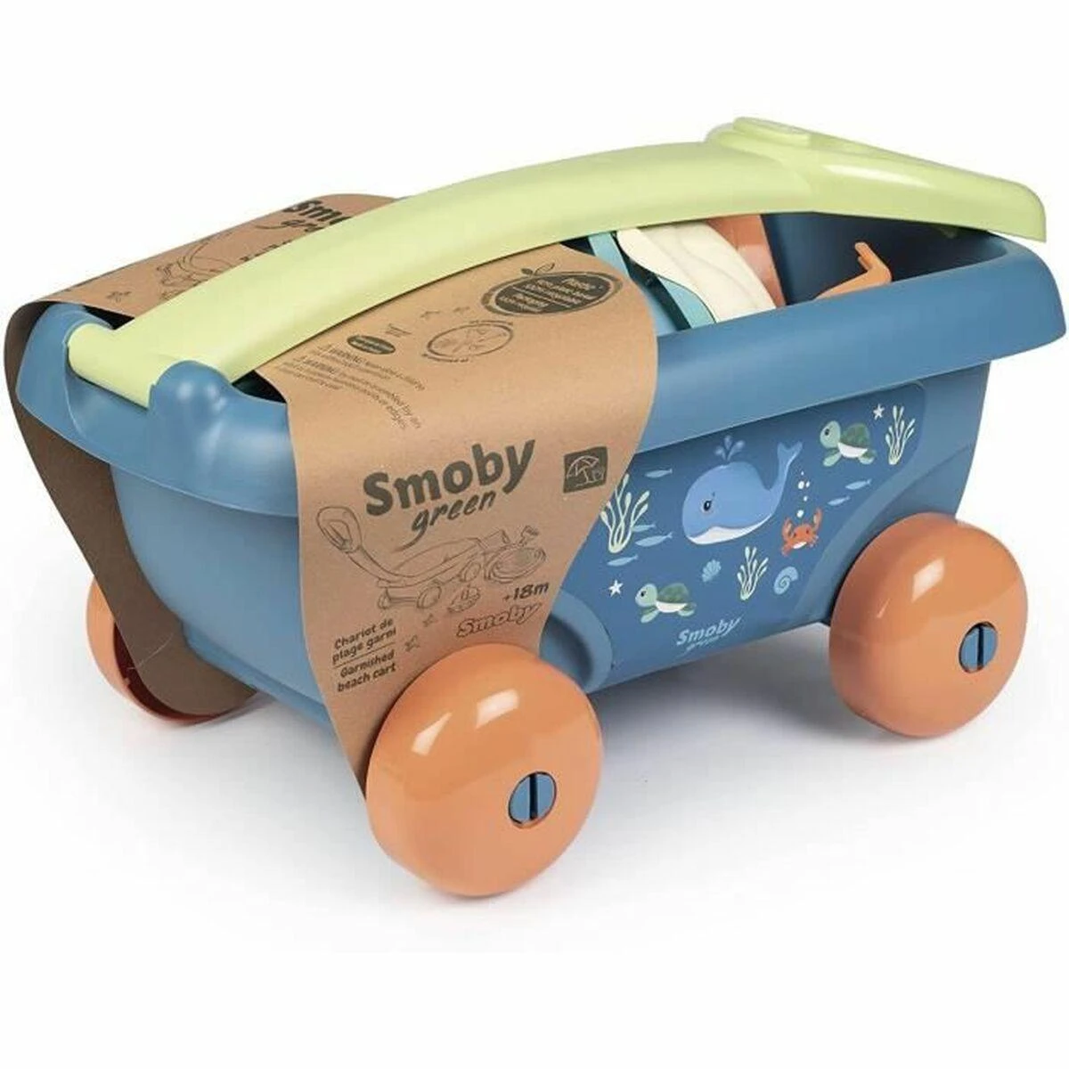 „Smoby“ vežimėlis su kibire ir bioplastikų smėlio aksesuarais
