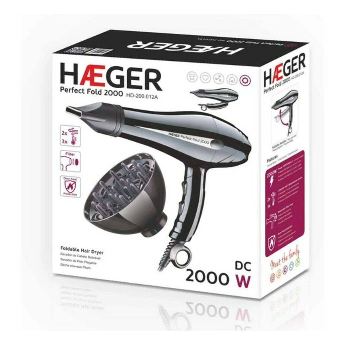 Haeger HD-200.012A Perfect Fold plaukų džiovintuvas su sulankstoma rankena, 2000 W