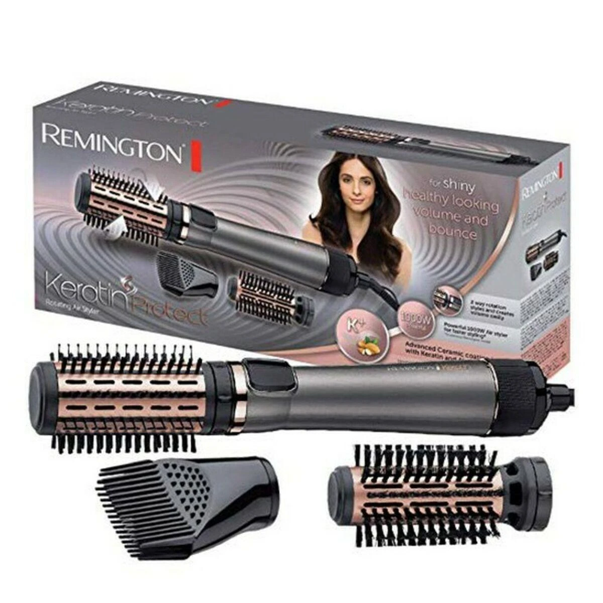 Remington Keratin Protect Rotating Air Styler | AS8810 | Keraminė šildymo sistema | Šildymo lygių skaičius 2 | 100 W | Pilkas/Juodas